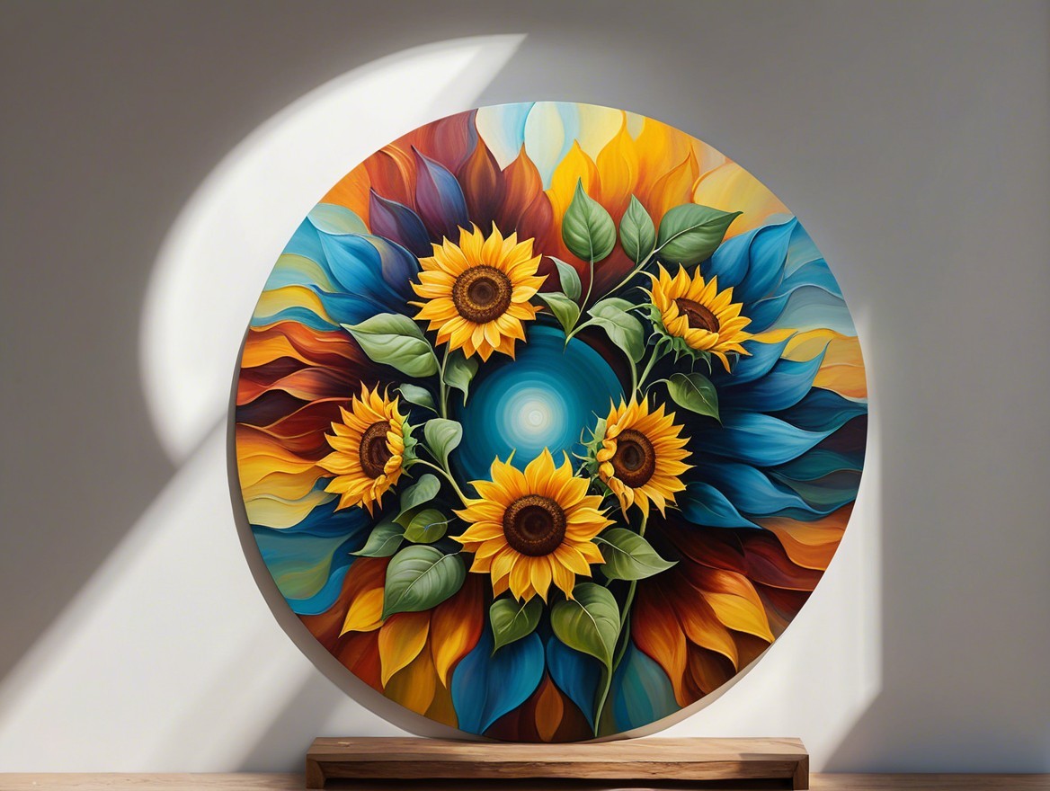 Vibrant Circular Artwork of Sunflowers and Leaves