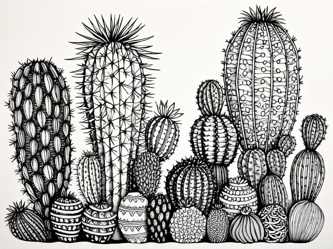 Intricately Drawn Black and White Cacti Variety