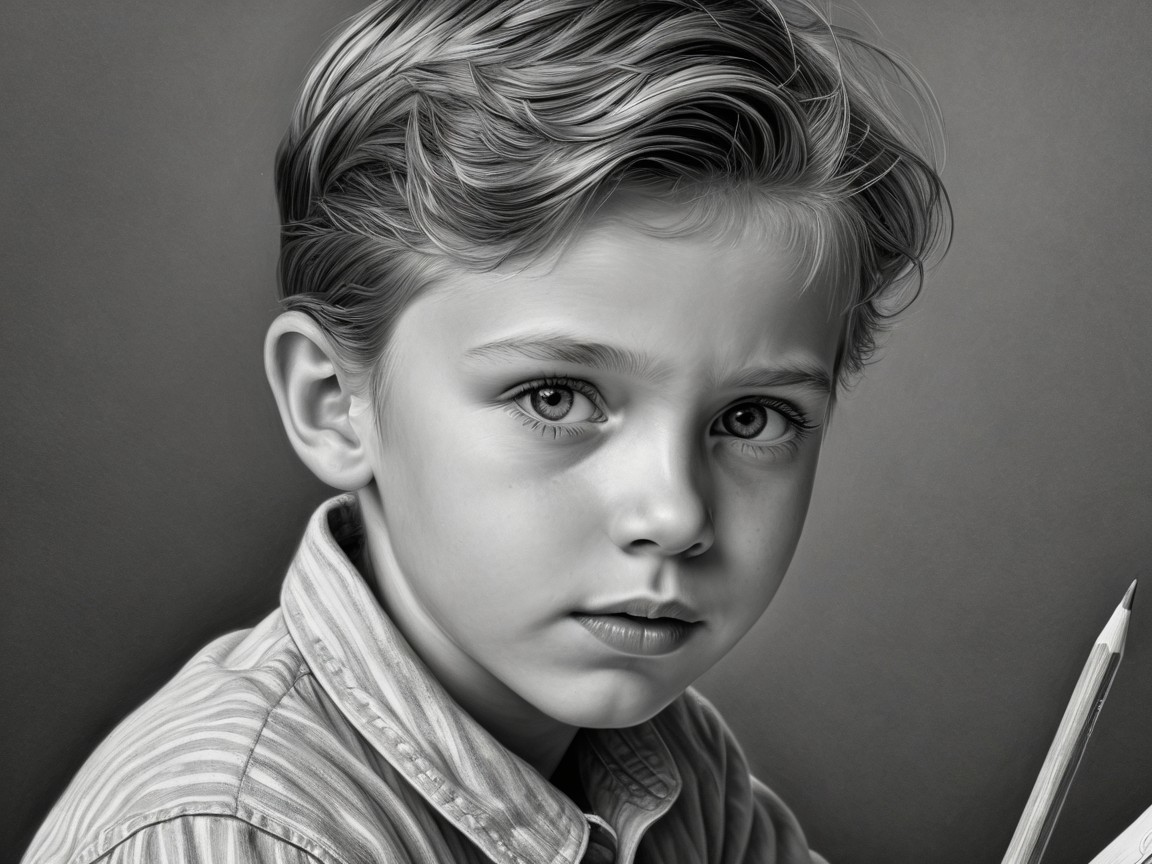 Black-and-white portrait of a thoughtful young boy