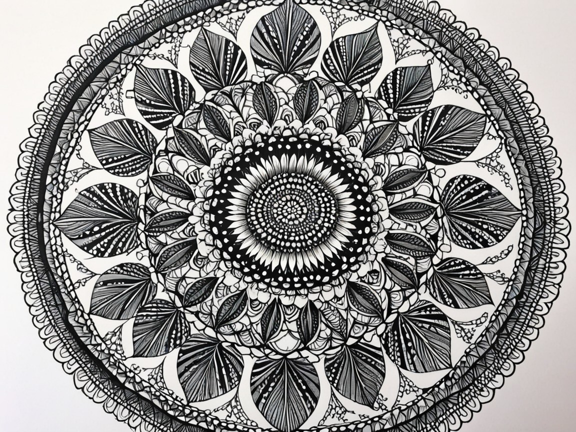 Intricate Black and White Mandala with Floral Designs