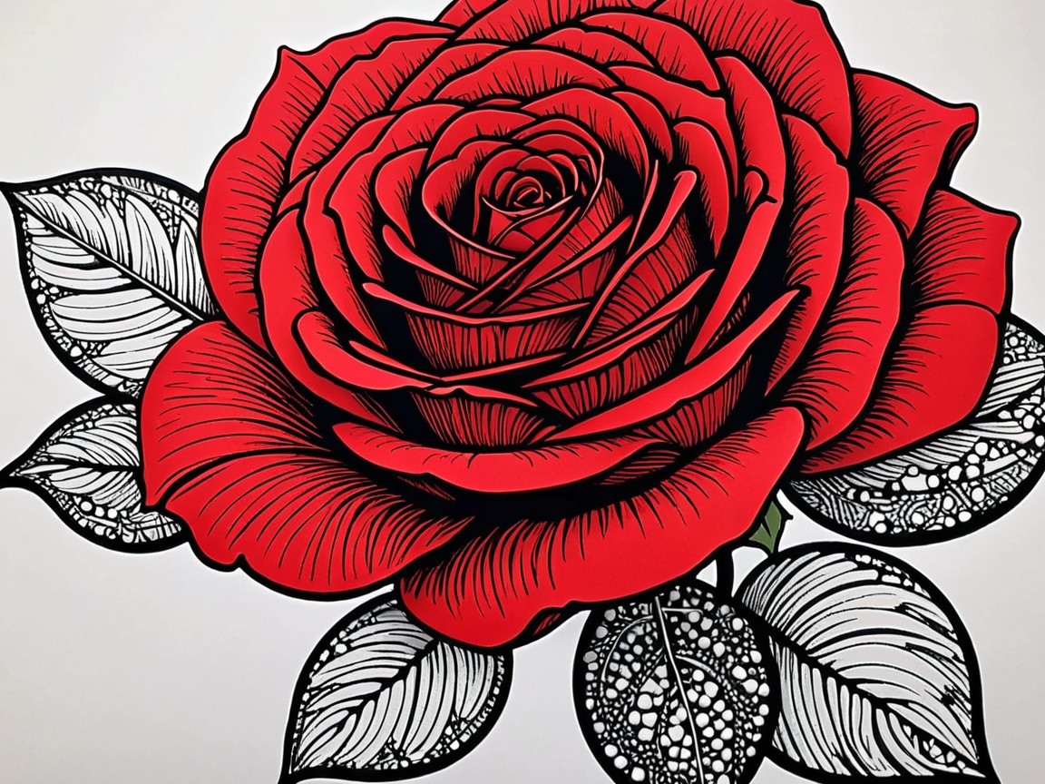 Illustration of a red rose with detailed petals and leaves