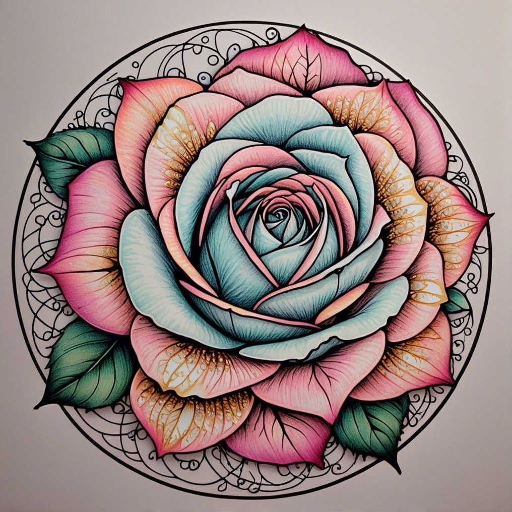 Intricate Rose Illustration with Pink and Blue Petals