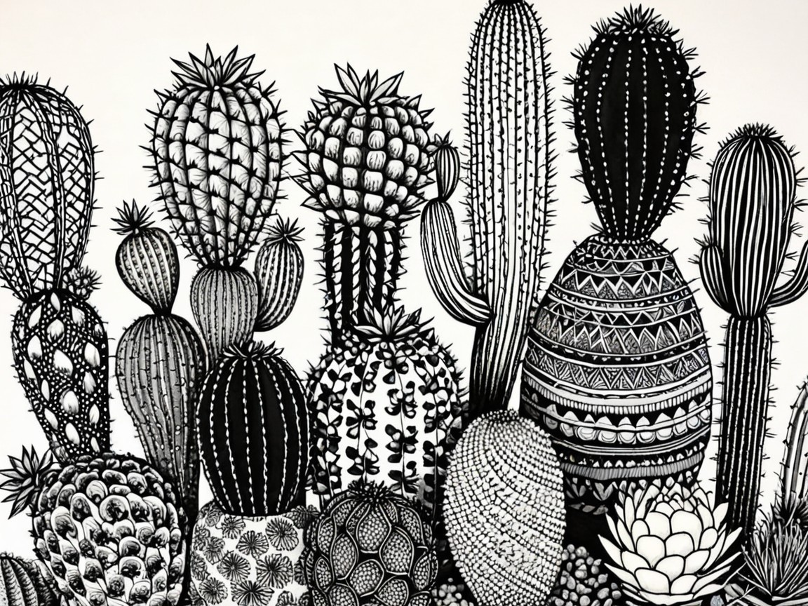Black-and-white illustration of diverse cacti and succulents