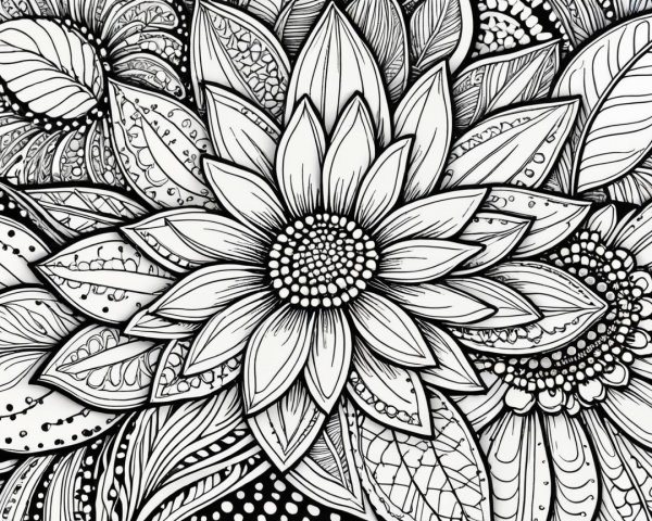 Black-and-white illustration of a central flower design