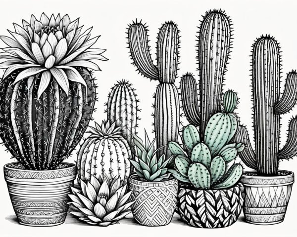 Monochrome Illustration of Cacti and Succulents in Pots