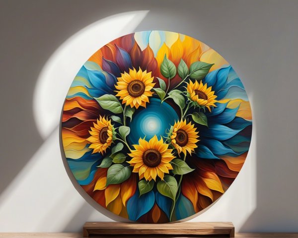 Vibrant Circular Artwork of Sunflowers and Leaves