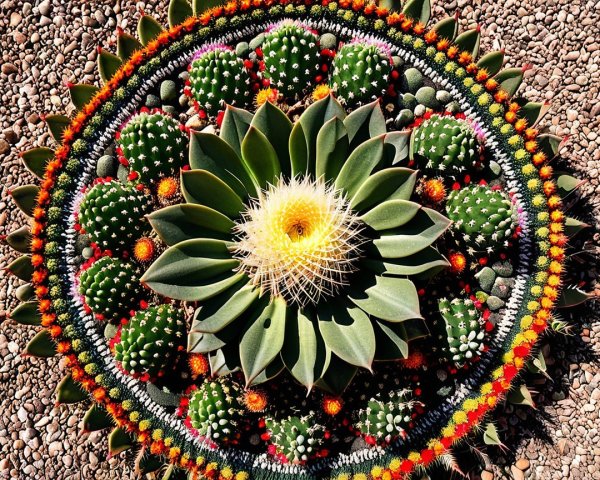 Vibrant Circular Arrangement of Cacti and Succulents