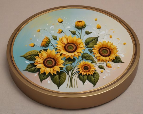 Round Plaque Decorated with Sunflowers and Blue Background