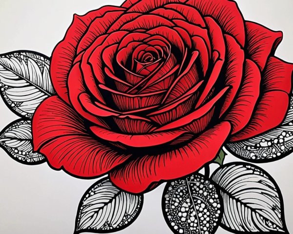 Illustration of a red rose with detailed petals and leaves