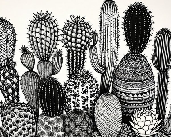 Black-and-white illustration of diverse cacti and succulents