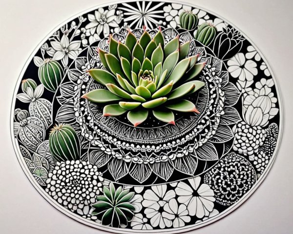 Circular Design with Green Succulent and Floral Patterns