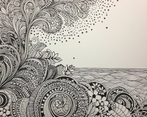 Black and White Illustration of Nature and Water Patterns