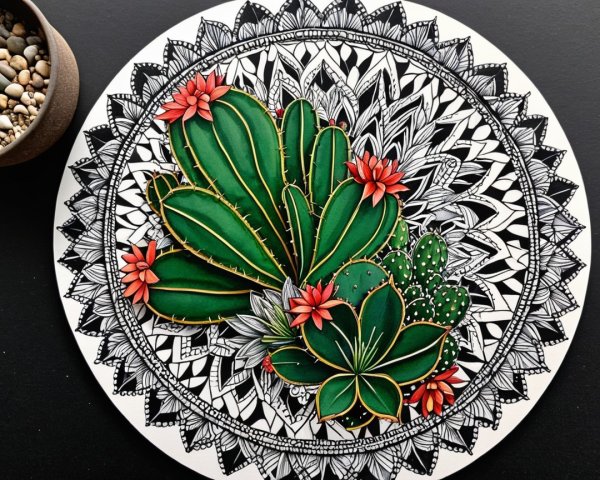 Circular Artwork of Cacti with Mandala Design