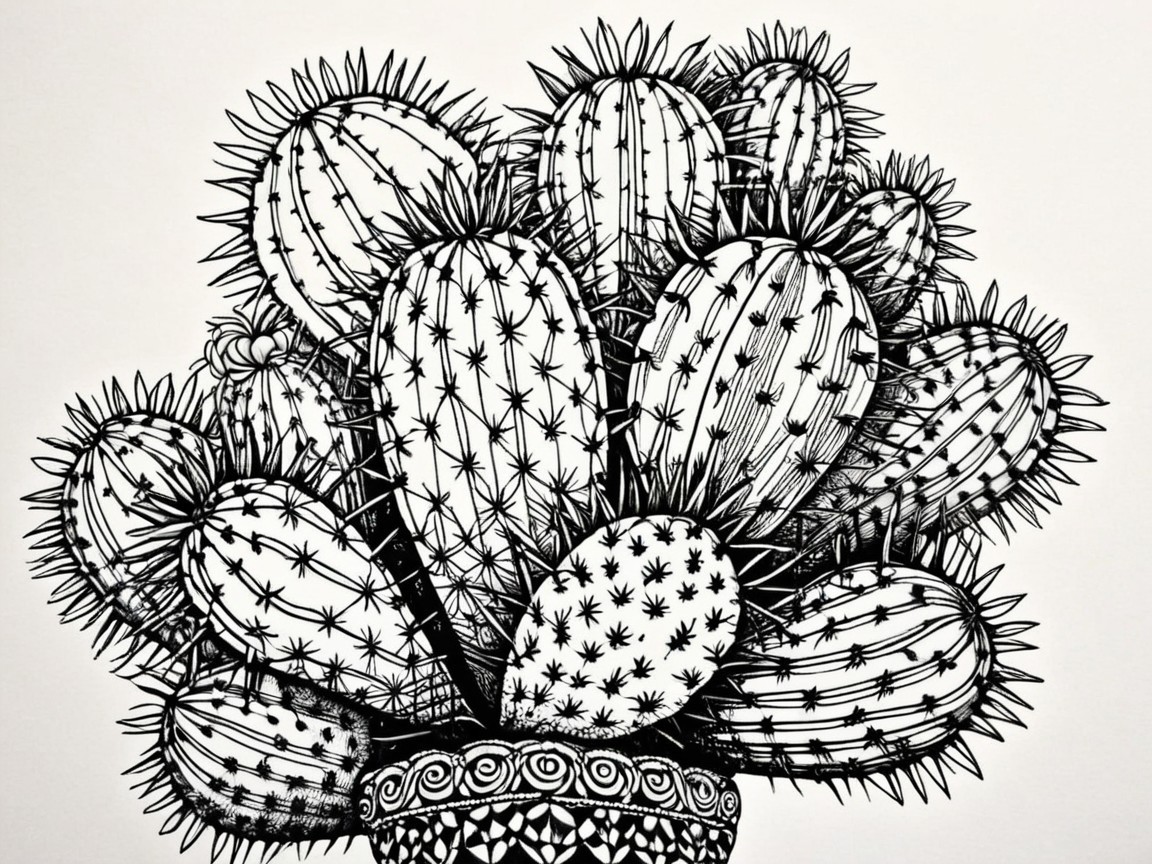 Black-and-white illustration of decorative cacti in pot