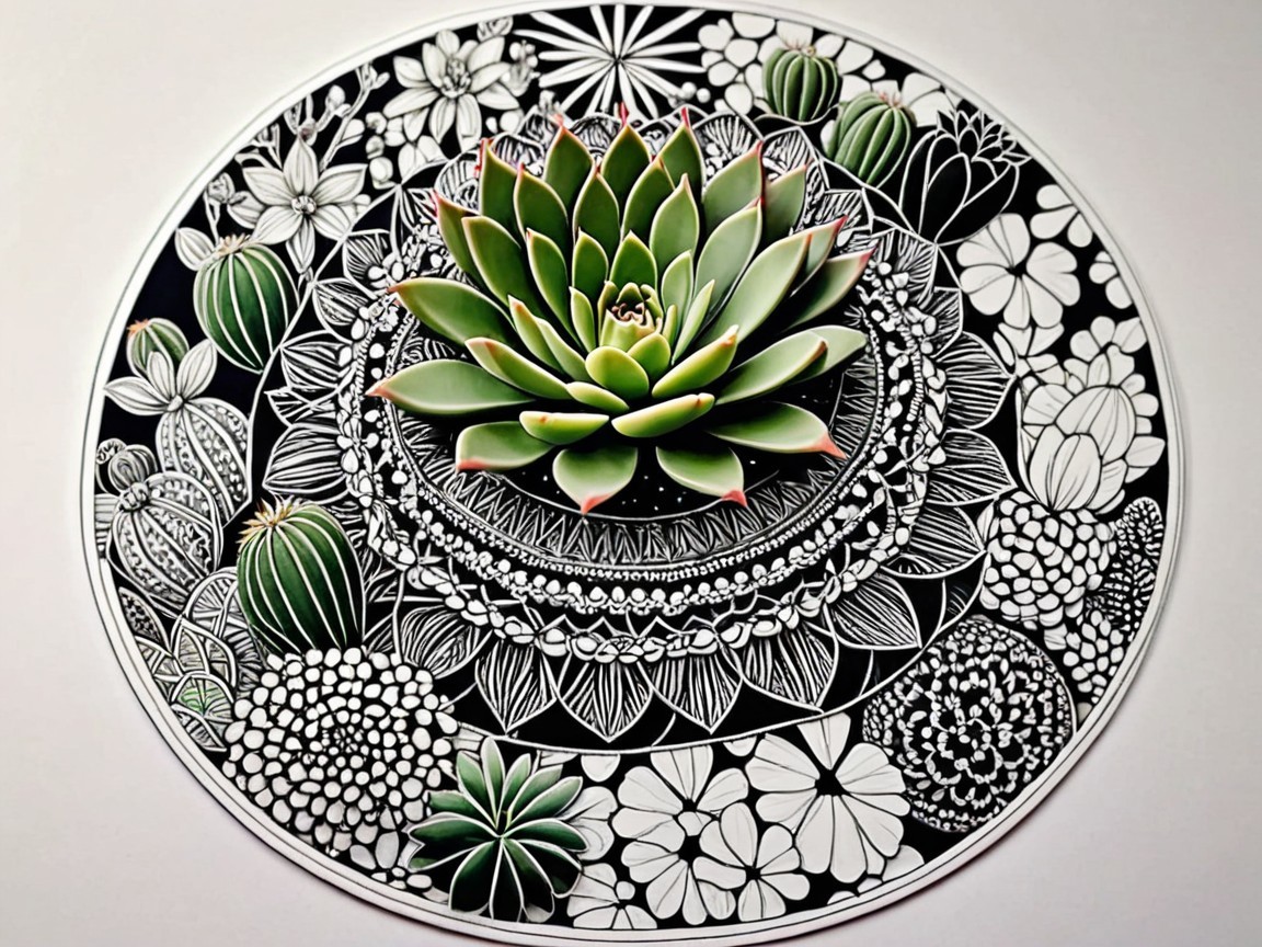 Circular Design with Green Succulent and Floral Patterns