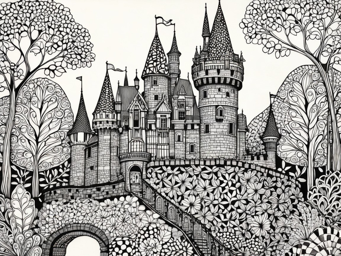Intricate Black-and-White Fairytale Castle Illustration