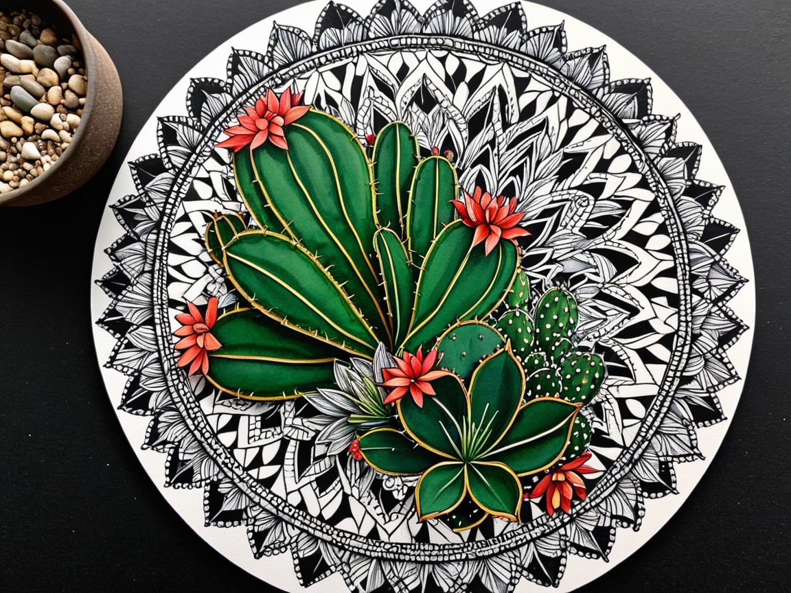 Circular Artwork of Cacti with Mandala Design
