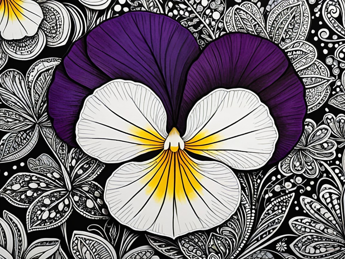 Vibrant Purple and White Pansy Flower on Black Backdrop