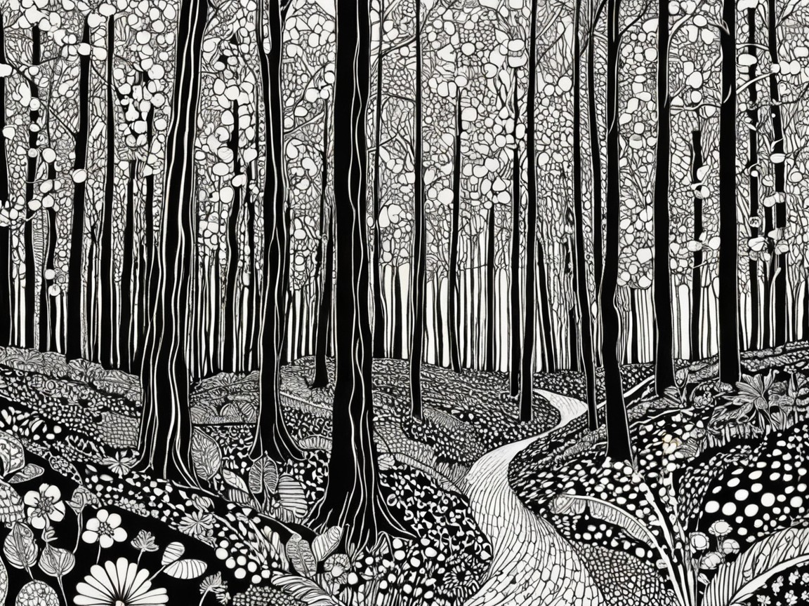 Whimsical Black-and-White Forest Illustration