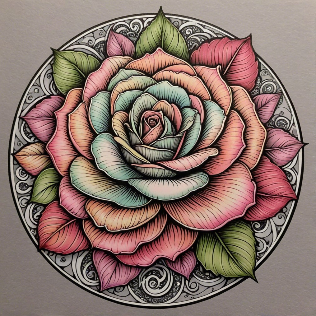Intricate Multi-Colored Rose Illustration with Border