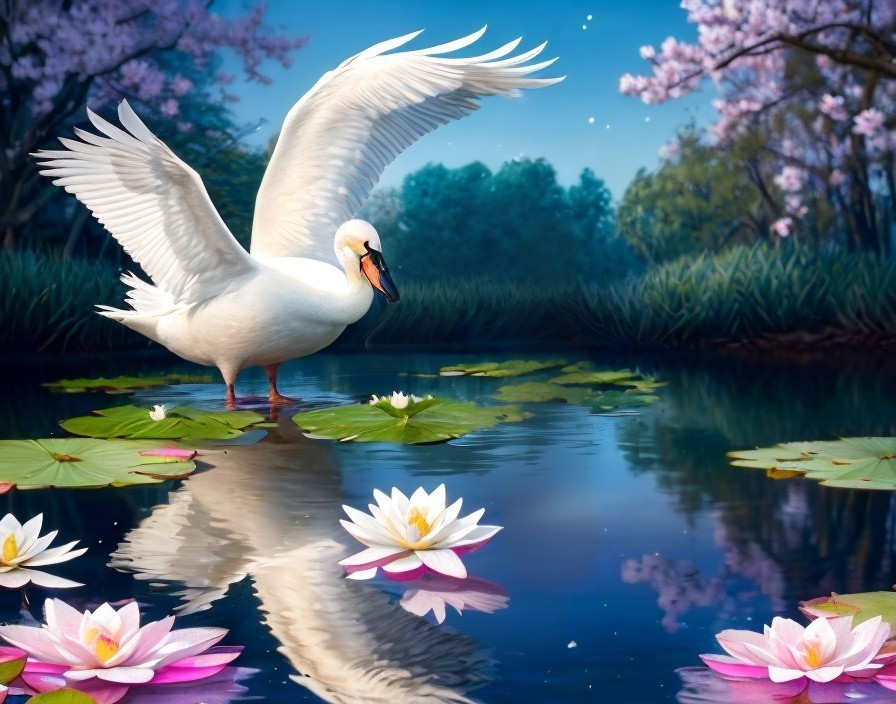 White Swan Gliding Over Serene Pond with Lily Pads