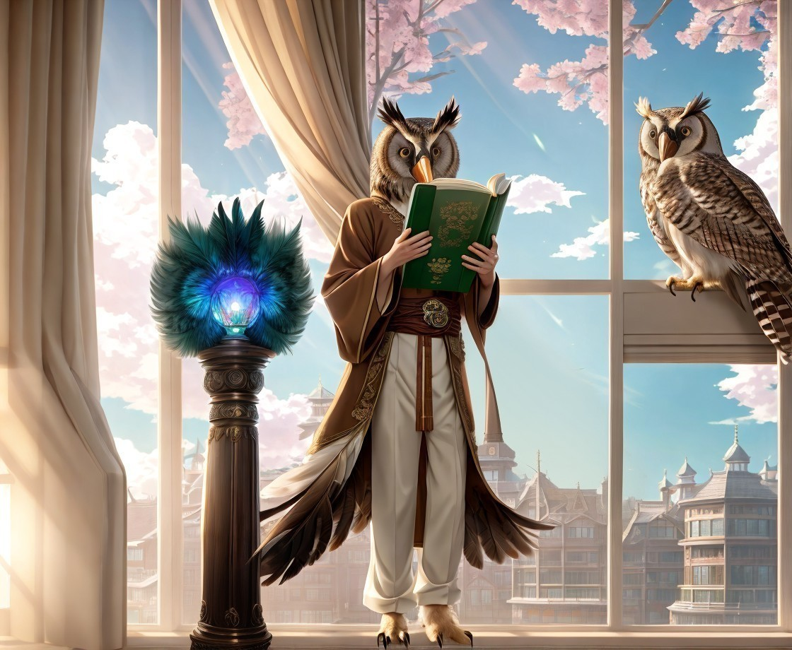 Anthropomorphic owl reading in a cherry blossom room
