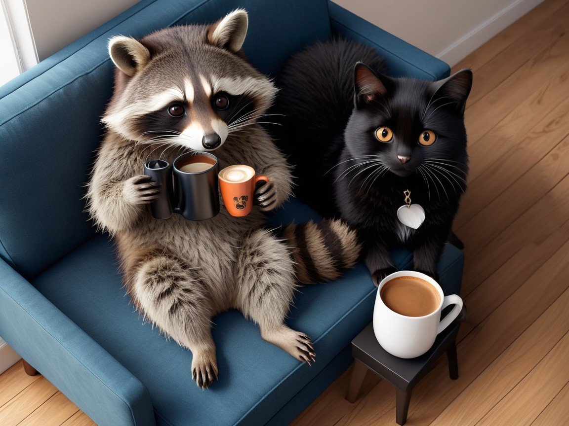 Raccoon and black cat relaxing on a blue sofa