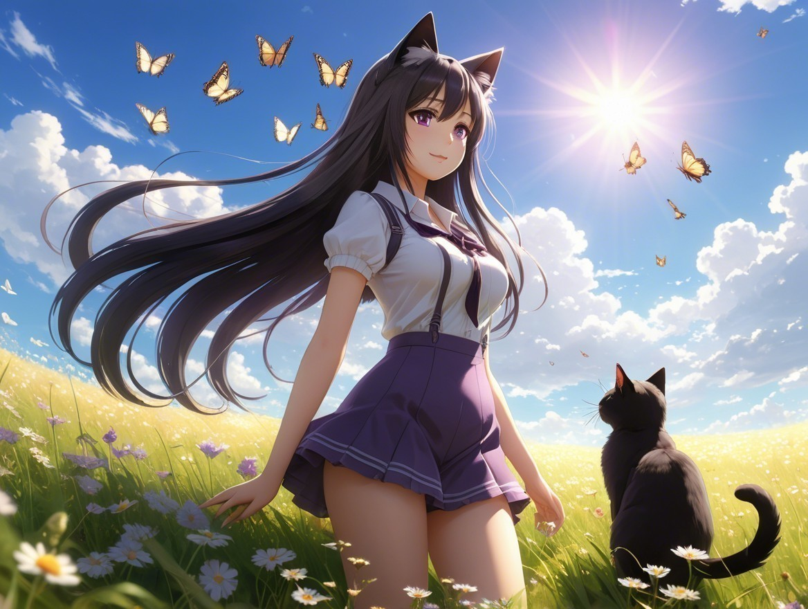 Cheerful girl with cat ears in a flower-filled field