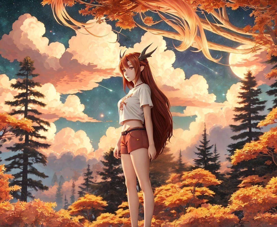 Young girl in autumn landscape with deer-like antlers