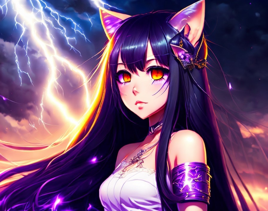 Character with Cat Ears in Lightning-Filled Sky