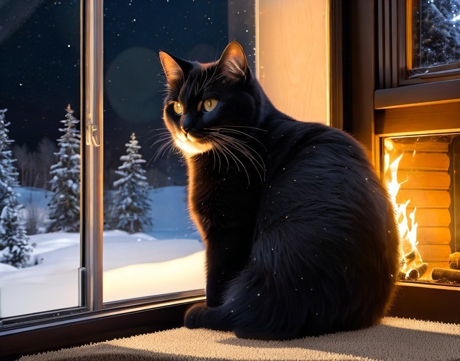 Black Cat by Window in Serene Winter Scene