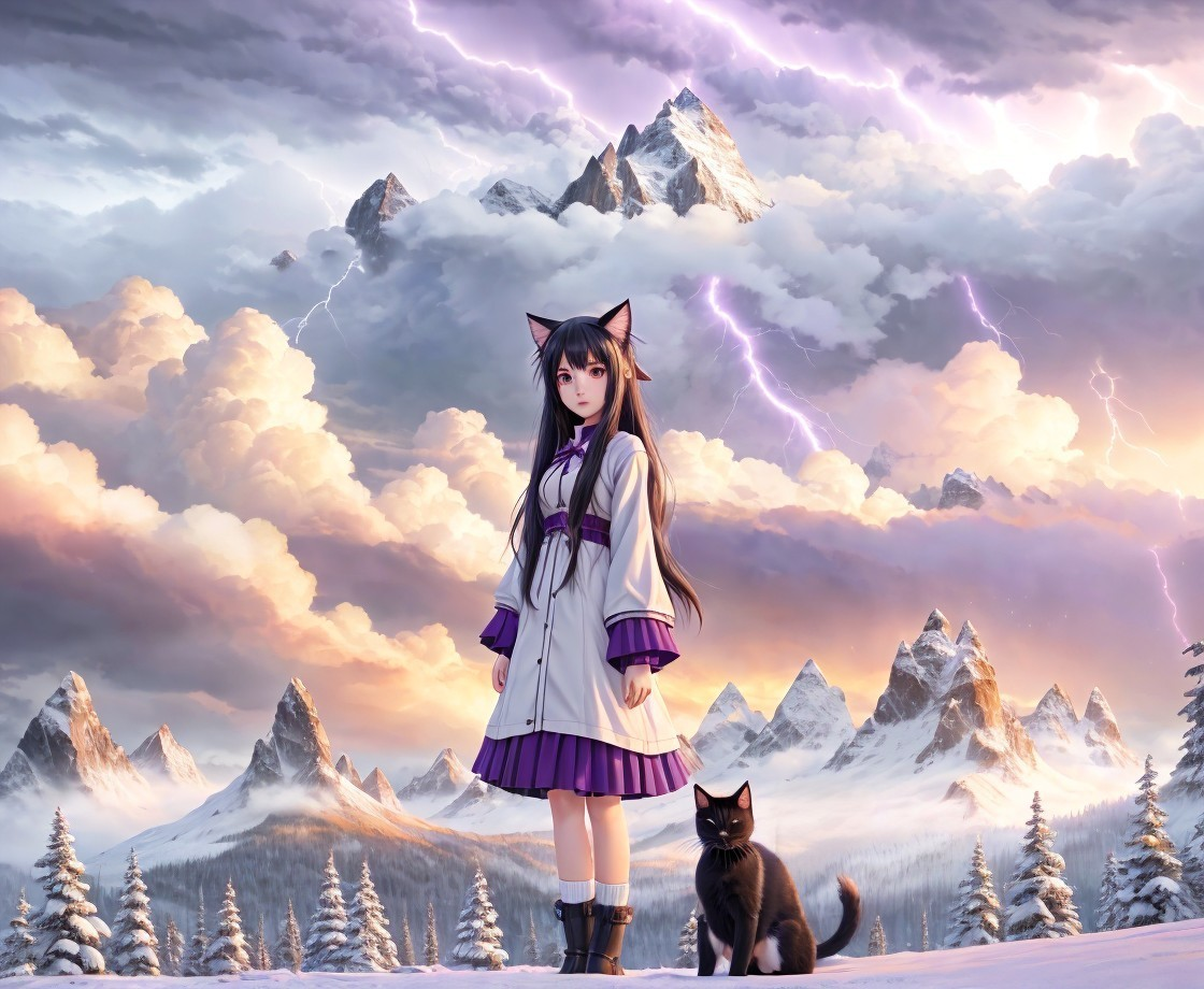 Young girl with cat features in snowy landscape