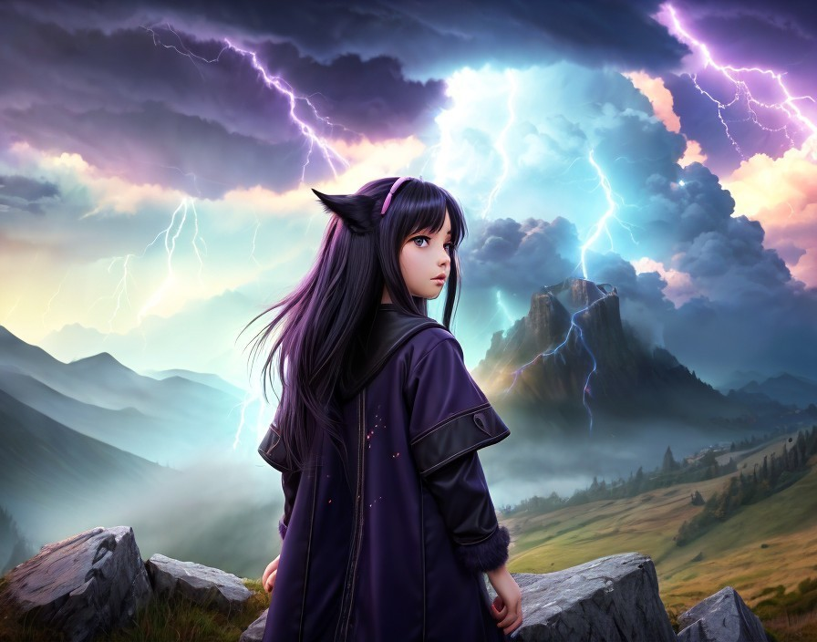 Young girl with cat ears on rocky outcrop during storm