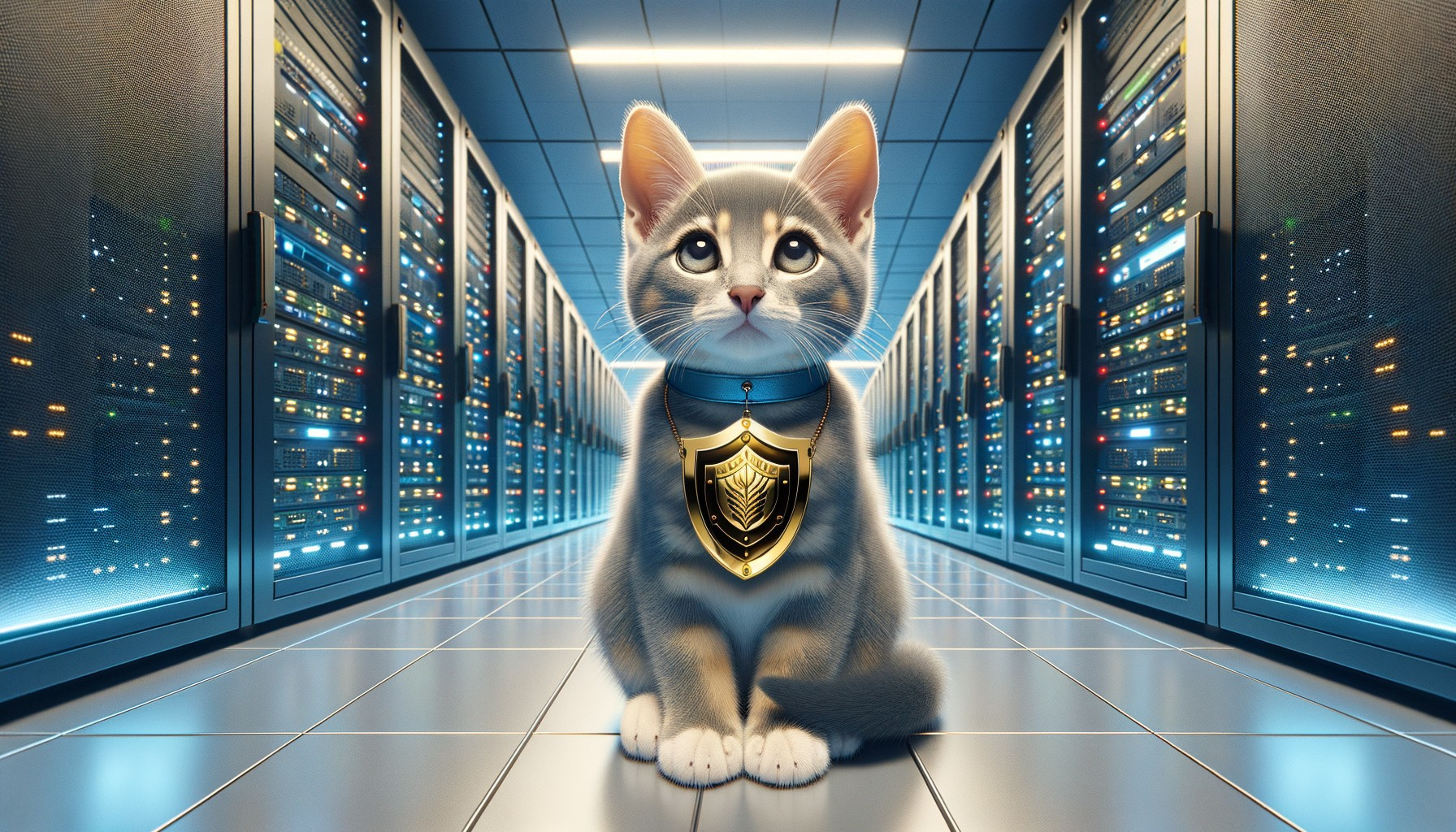 Gray Kitten in High-Tech Server Room Setting