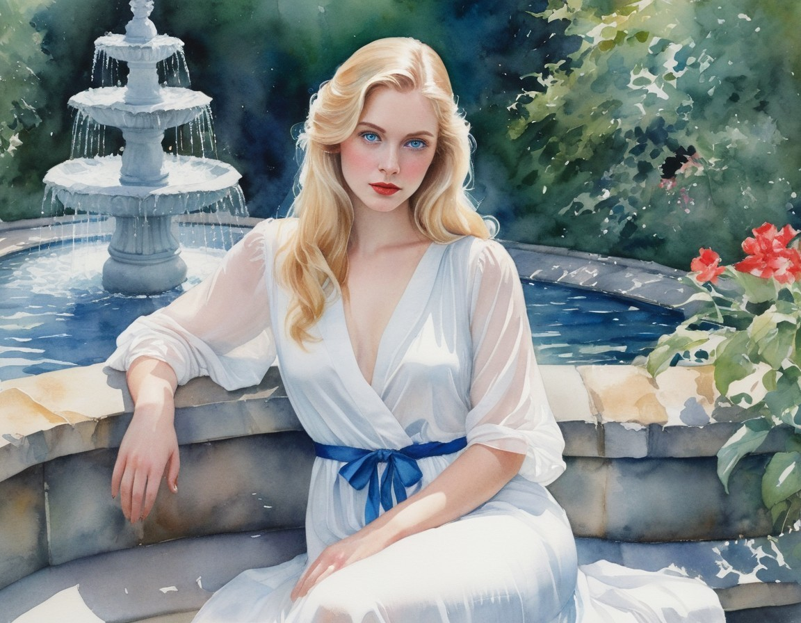 Young Woman in White Dress by Serene Fountain