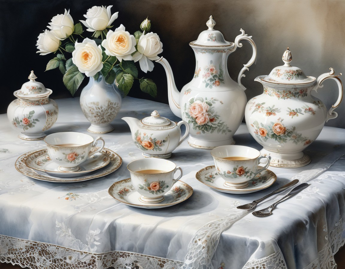 Elegant Tea Set Still Life with Floral Patterns