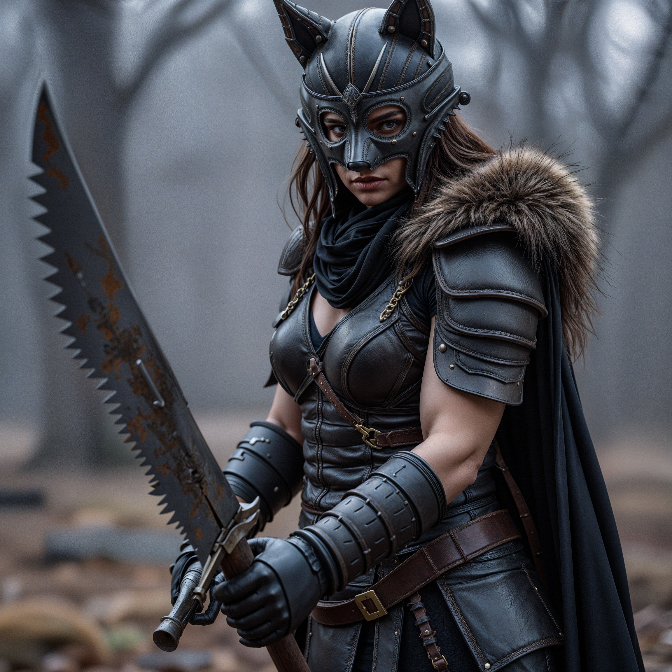 Fierce Warrior in Misty Forest with Jagged Sword