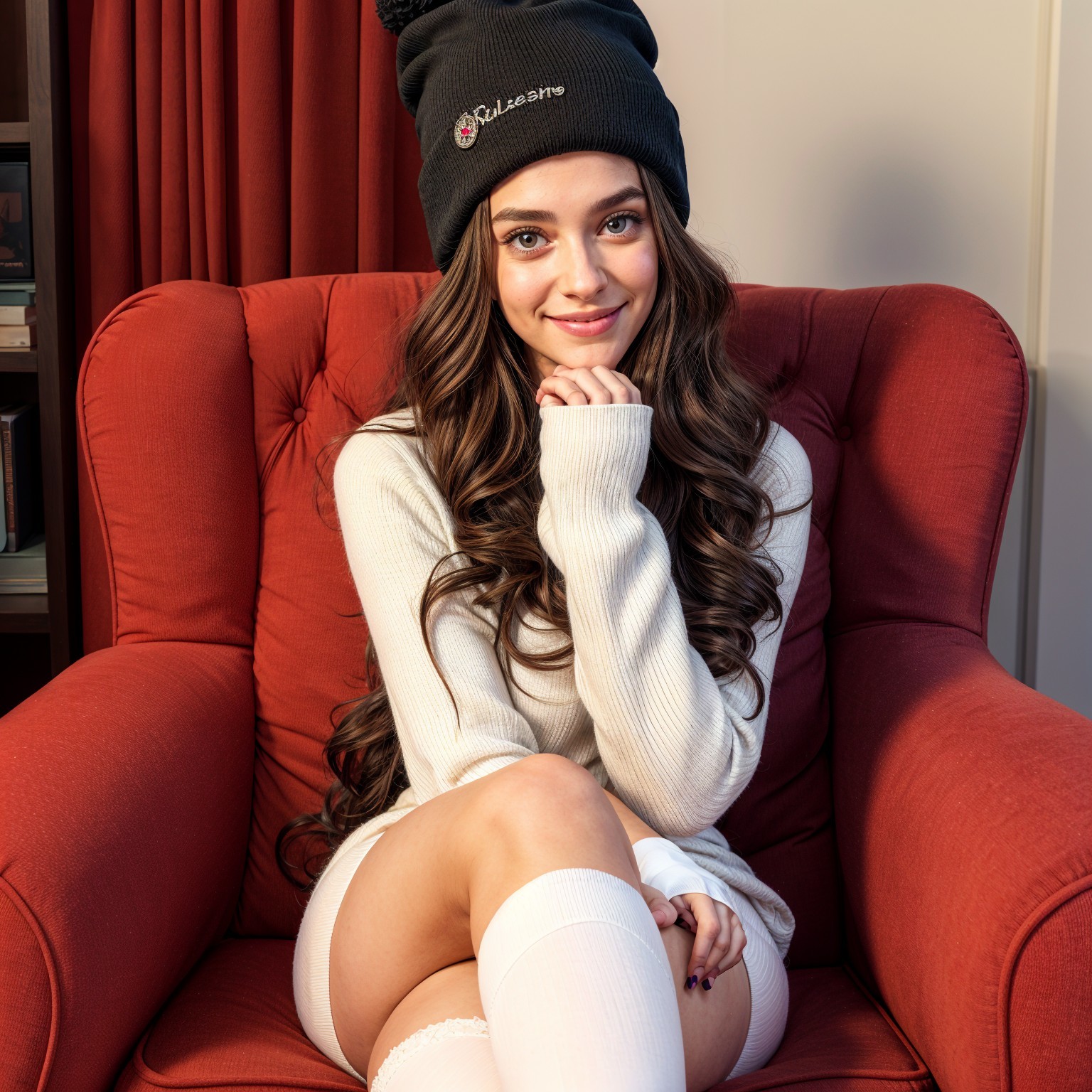Young woman in cozy armchair with warm smile