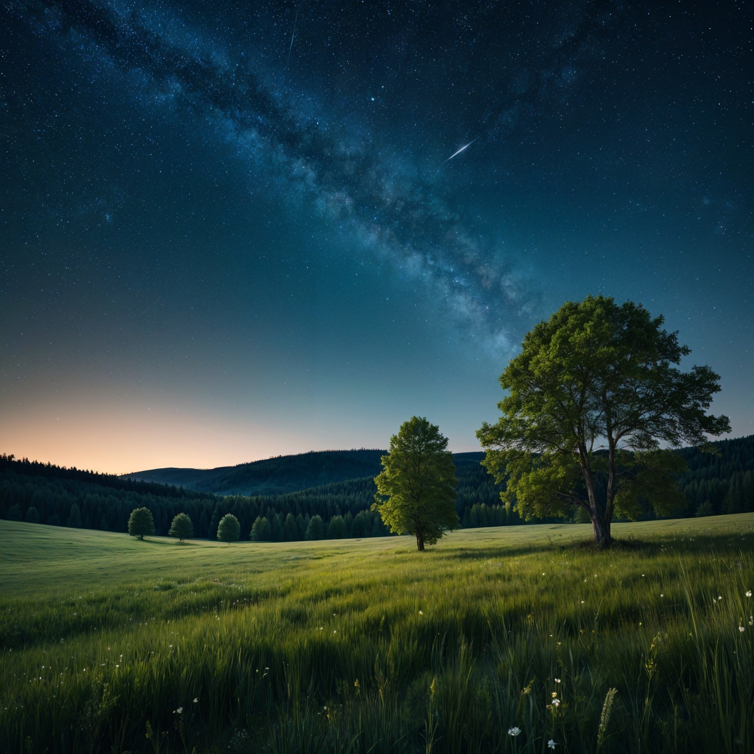 Serene Landscape Under Starlit Sky with Milky Way