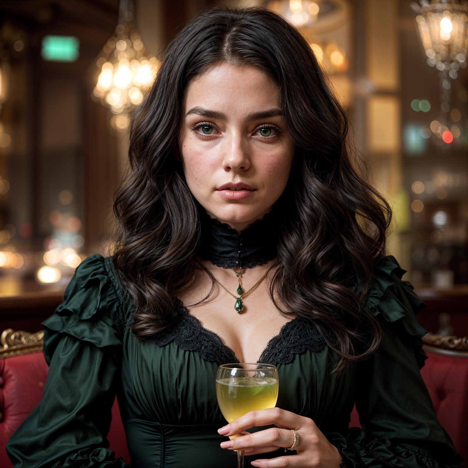 Elegant woman in green gown in luxurious setting