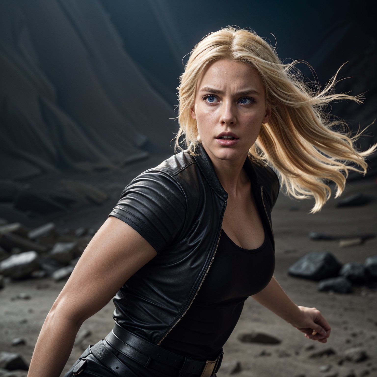 Woman in leather outfit runs through rugged landscape
