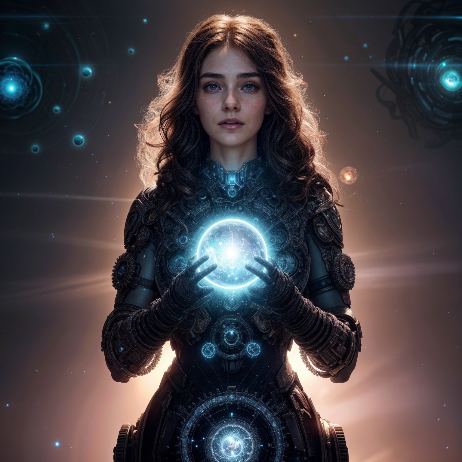 Young woman in steampunk attire amid cosmic scene