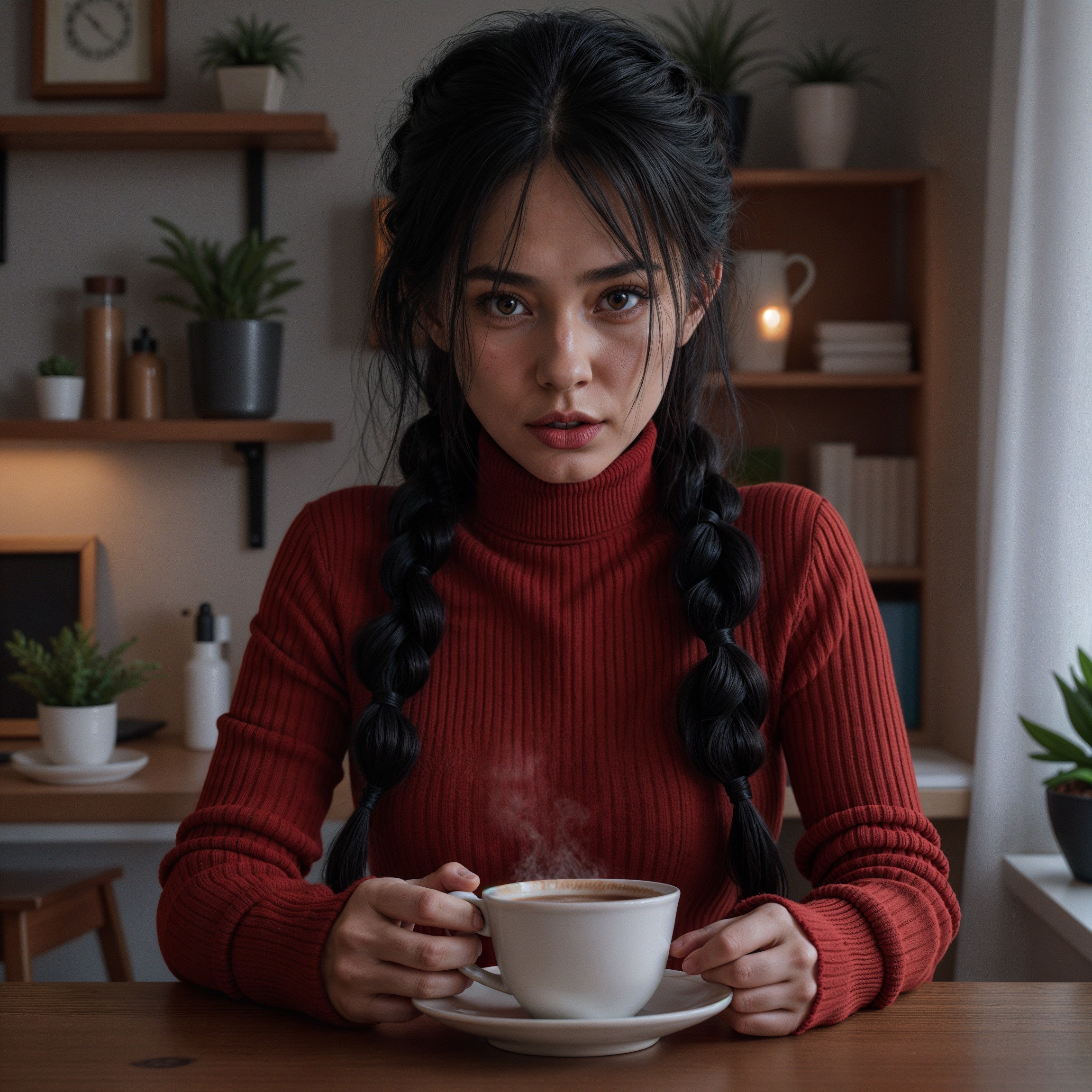 Young woman with braided hair at a coffee table