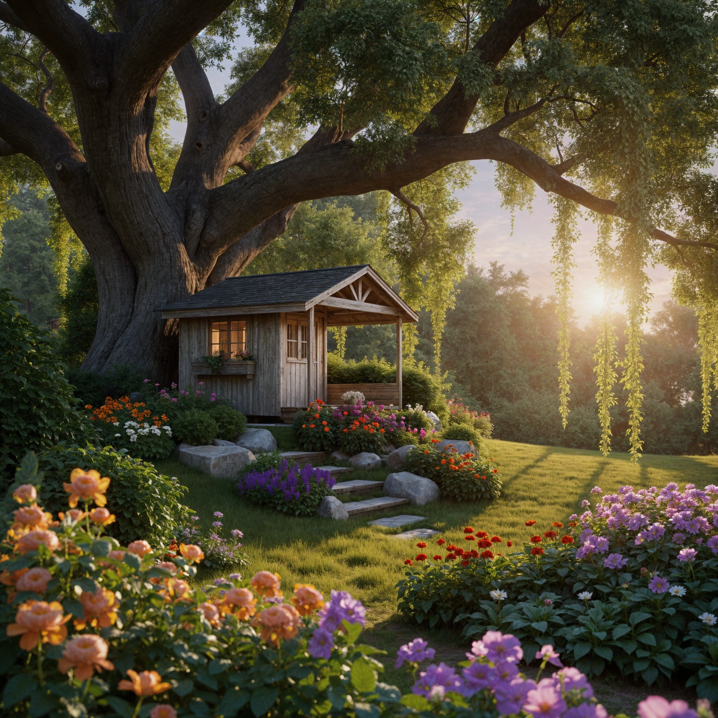 Wooden Cabin Surrounded by Blooming Garden and Tree