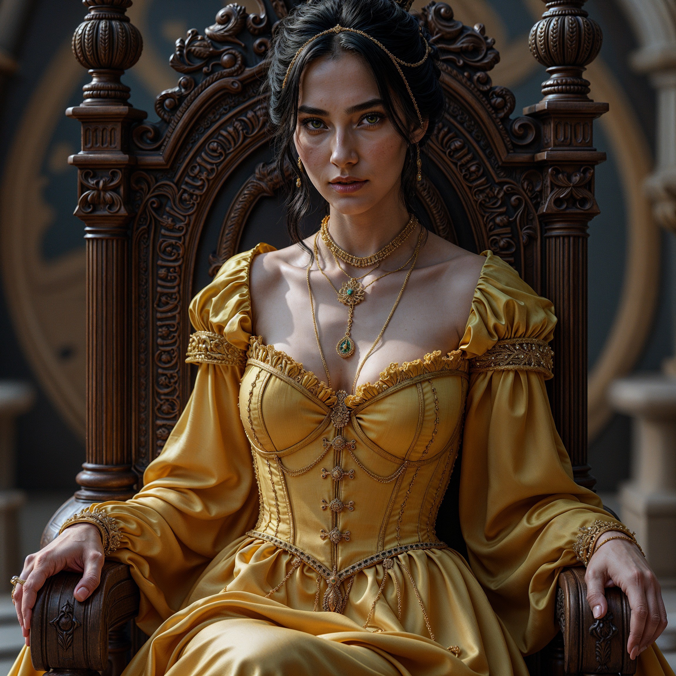 Regal Woman in Vintage Gown on Ornate Throne