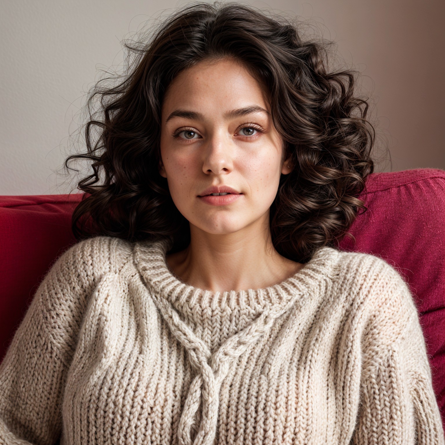 Young woman in cream sweater on red sofa