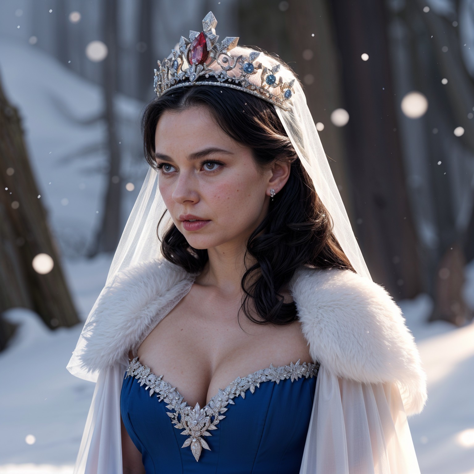 Regal figure in blue gown in snowy forest setting