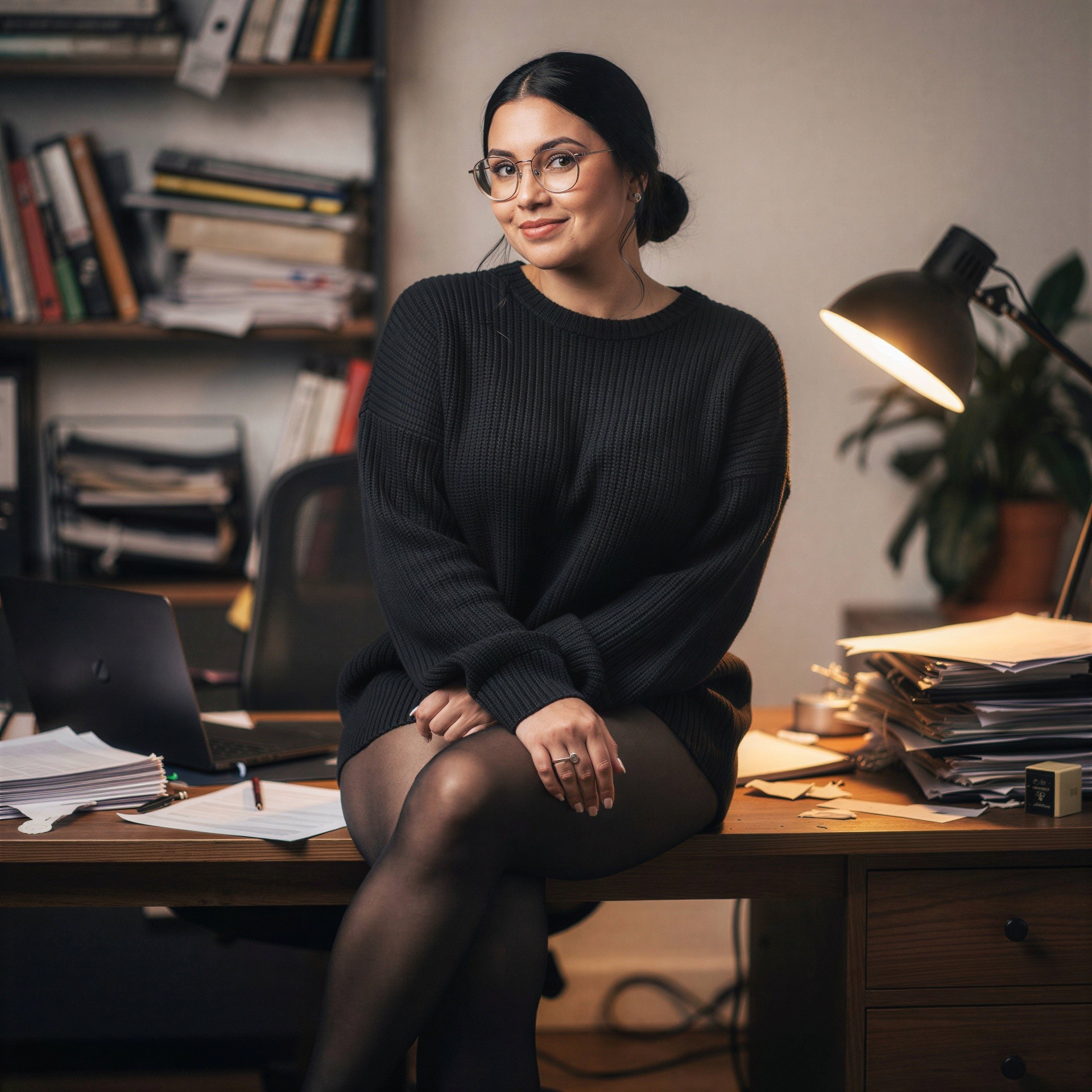 Young woman in gray sweater in an office setting