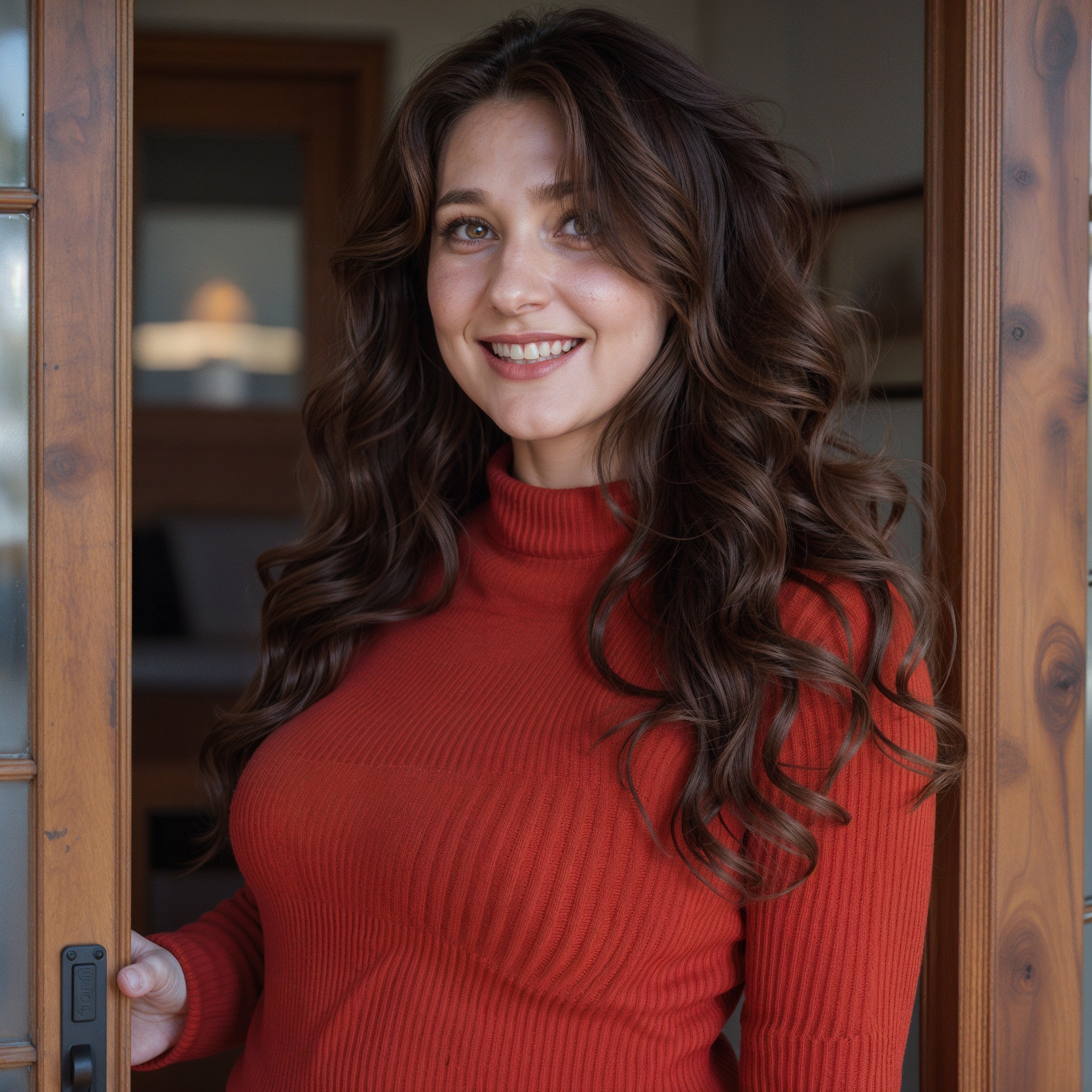 Woman in red sweater at wooden door with warm smile