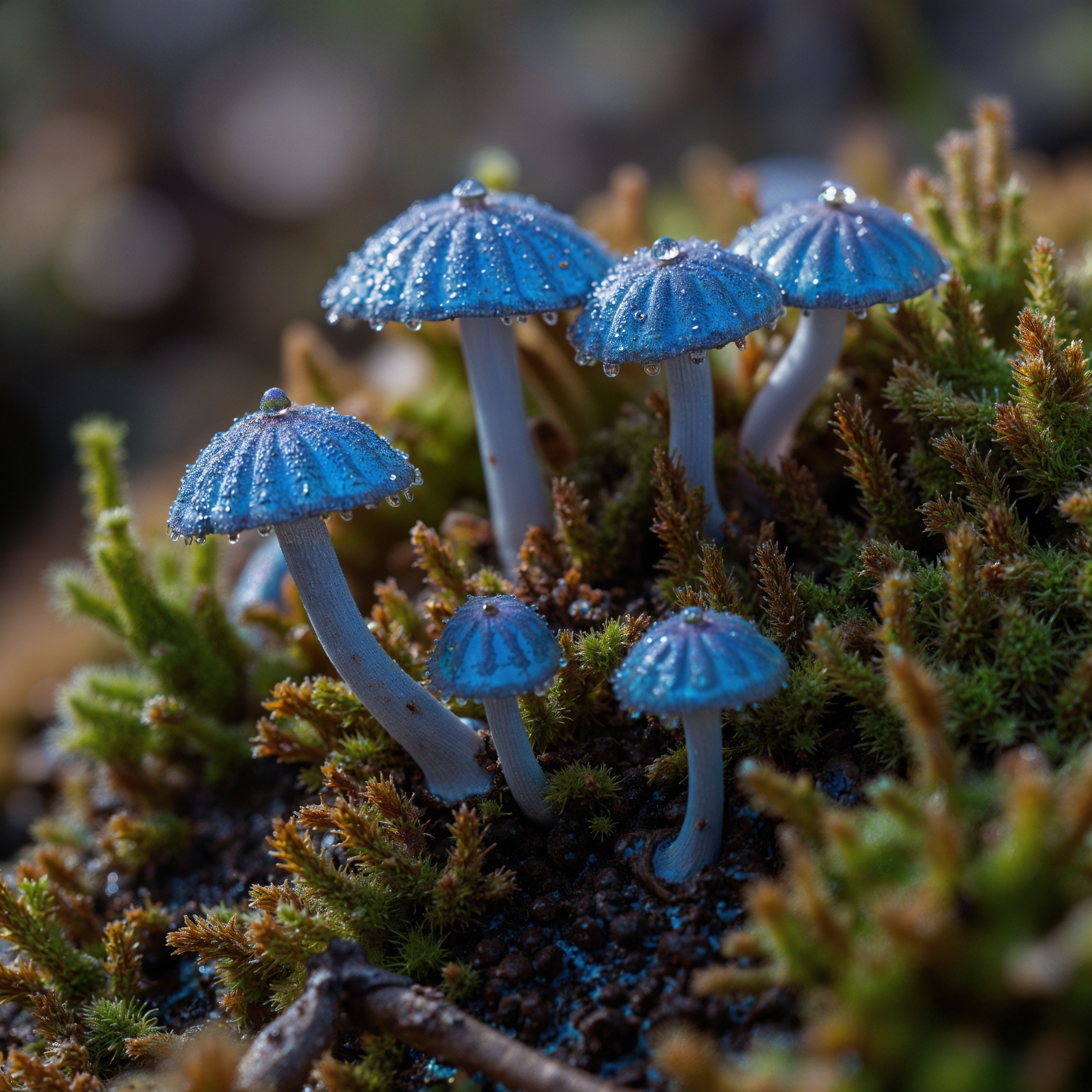 Delicate blue mushrooms on vibrant green moss